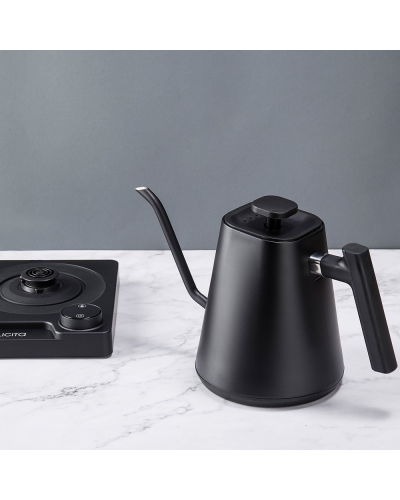 Felicita Square Pour Over Electric Kettle and base on table