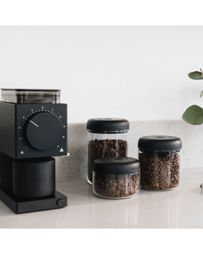 Fellow Atmos Canister 0.4L Clear Glass differnt sizes alongside Ode grinder