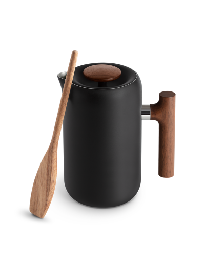 Fellow Clara French Press Matte Black With Walnut Handle with wooden spoon