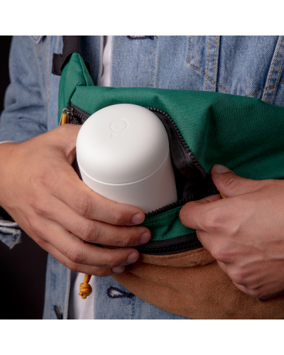 Fellow Carter Wide Mug 12oz Matte White in backpack