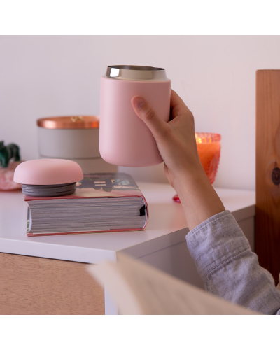 Fellow Carter Wide Mug 16oz Warm Pink bedside table