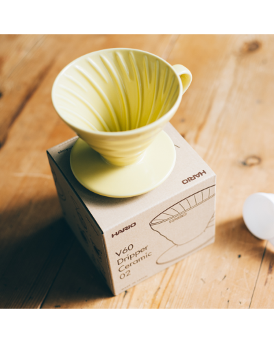 Hario V60 Ceramic Dripper 02 Yellow with box.