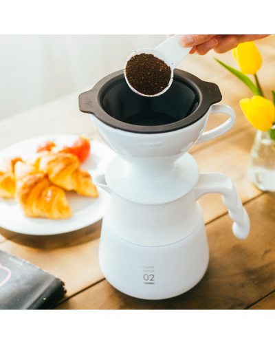 Hario W60 Dripper pouring coffee grounds