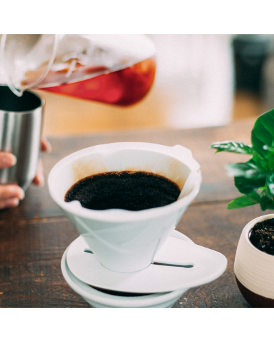 Hario V60 One Pour Dripper Mugen Ceramic White pouring coffee into cup