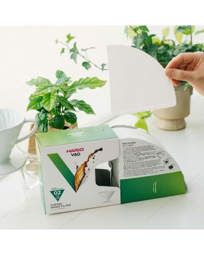 Hario V60 Coffee Paper Filter 02 White (100 Pcs) Box and filter
