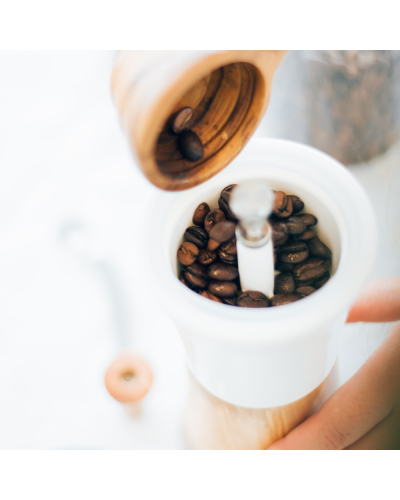Hario Coffee Mill Olive Wood with coffee