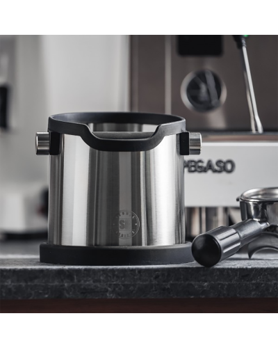 Studio Barista Deluxe Knockbox Stainless Steel on countertop