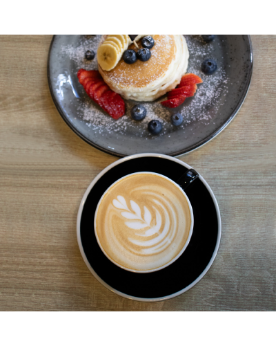 Epic Cup & Saucer Flat White 150ml Black with pancakes