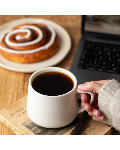 Epic Cup Coffee Mug 360ml White Desktop with book and Laptop