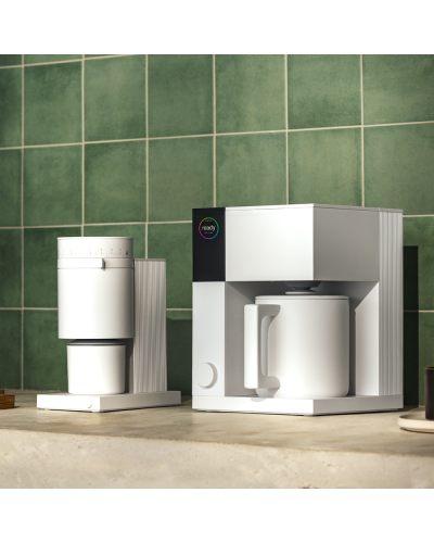 Fellow Aiden Precision Coffee Maker Matte White next to Opus Grinder