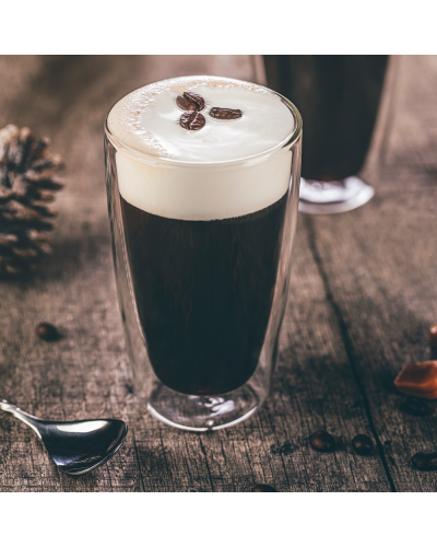 Coffee drink in glass made with Giffard Syrup Toffee Nut