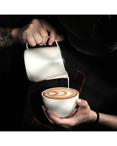 MHW3Bomber GT Milk Pitcher 400ml Matte White pouring coffee