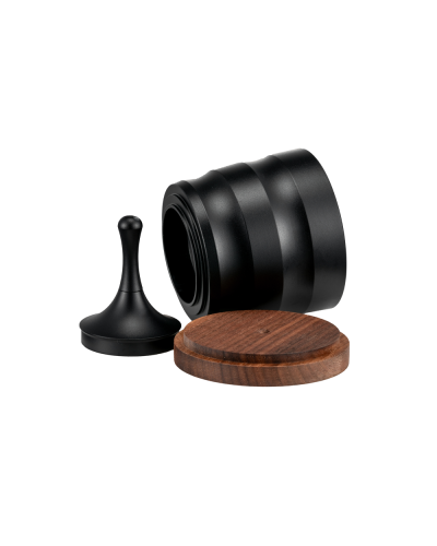 Studio Barista Pro Dosing Cup 58mm Black Steel With Wooden Lid side view