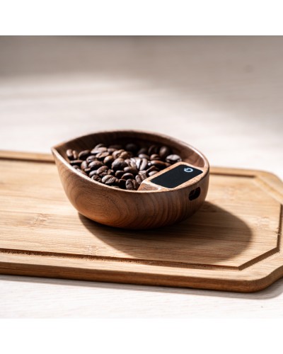 Studio Barista Coffee Bean Tray Scale Walnut on table.