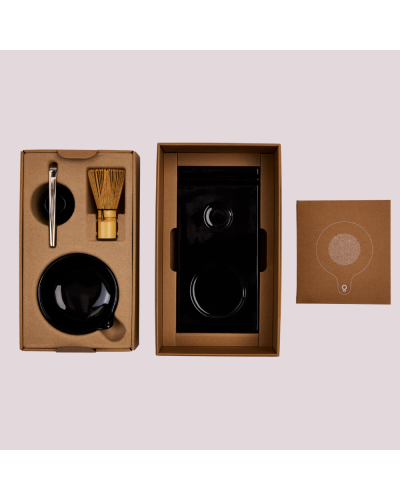 Fellow Matcha Set Matte Black box opened with all accessories.